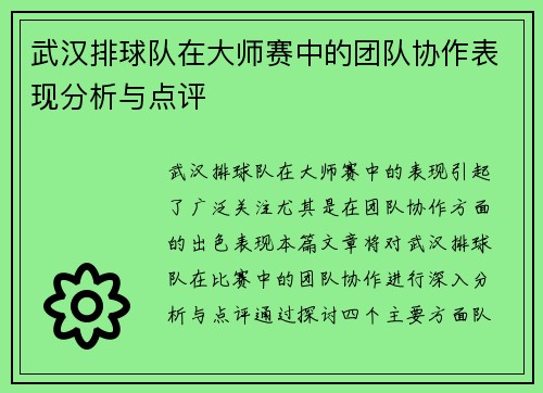武汉排球队在大师赛中的团队协作表现分析与点评