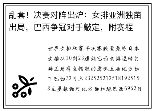 乱套！决赛对阵出炉：女排亚洲独苗出局，巴西争冠对手敲定，附赛程